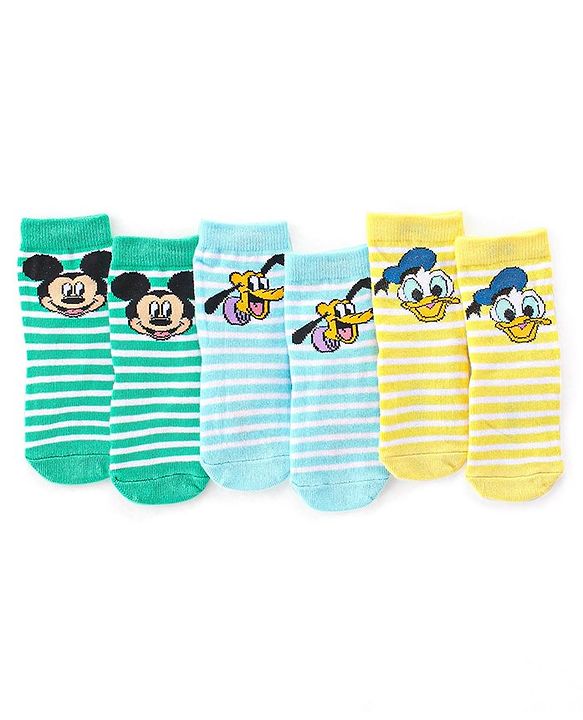 Cute Walk by Babyhug Disney Non Terry Ankle Length Anti-bacterial Socks Mickey Mouse Family Graphics Pack of 3 - Multicolour