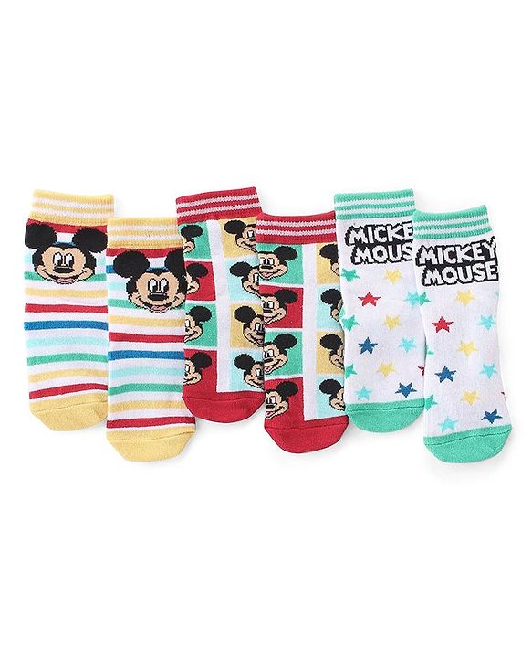 Cute Walk by Babyhug Non Terry Anti Bacterial Ankle Length Socks Mickey Mouse Family Graphics Pack of 3 - Multicolour