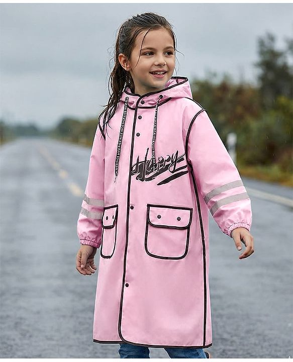 Pine Kids Full Sleeves Hooded Raincoat Text Print - Pink