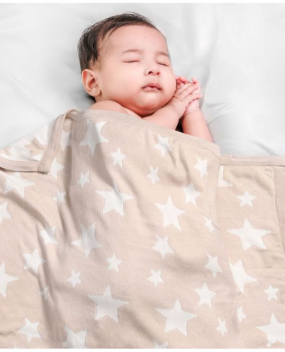 Babyhug Premium Knitted Cotton All Season Blanket Star Print - Beige White