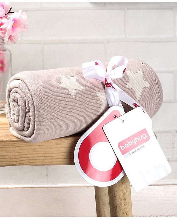 Babyhug Premium Knitted Cotton All Season Blanket Star Print - Beige White