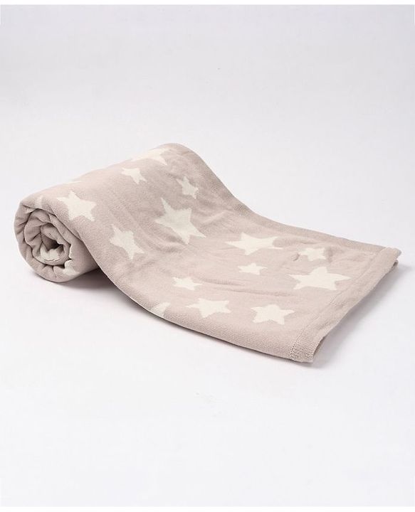 Babyhug Premium Knitted Cotton All Season Blanket Star Print - Beige White