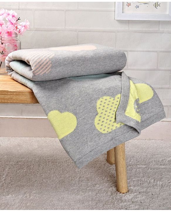 Babyhug Premium Knitted Cotton All Season Blanket Cloud Print - Grey Multicolour