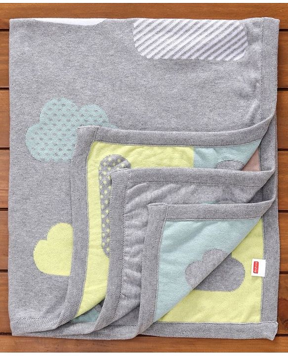 Babyhug Premium Knitted Cotton All Season Blanket Cloud Print - Grey Multicolour