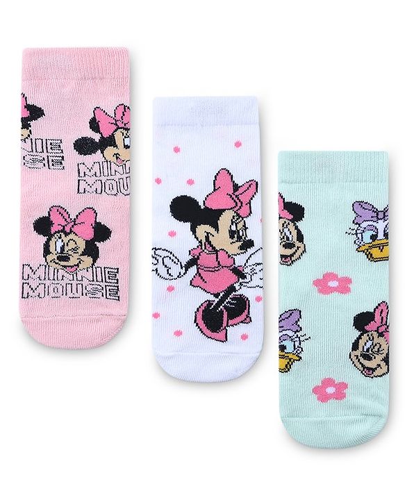 Cute Walk by Babyhug Non Terry Anti Bacterial Ankle Length Socks Disney Minnie Mouse Family Graphics Pack of 3 - Multicolour