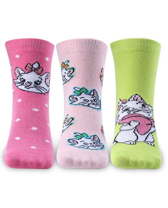 Cute Walk by Babyhug Disney  Cotton Blend Knit  Anti-Bacterial   Ankle Length Socks Aristocats Marie Graphics Pack of 3 - Multicolour
