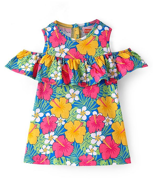 Babyhug Single Jersey Knit Cold Shoulder Frock With Floral Print - Blue