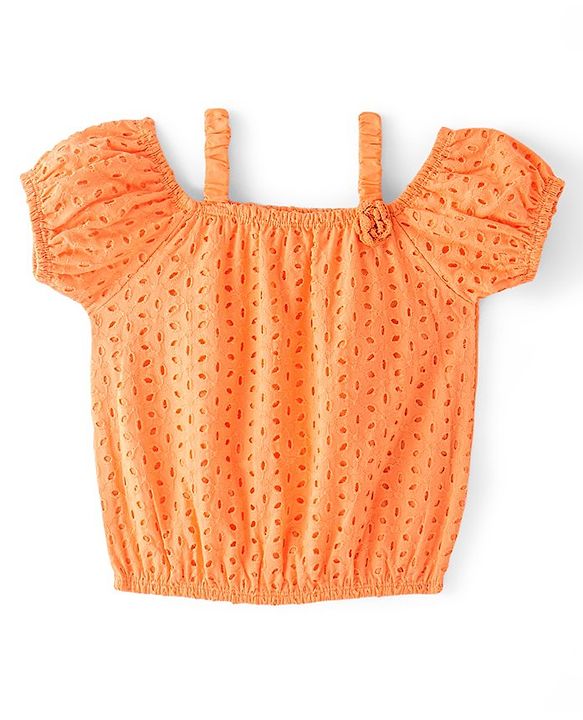 Babyhug Cotton Half Sleeve Schiffli Top With Bow Applique - Orange