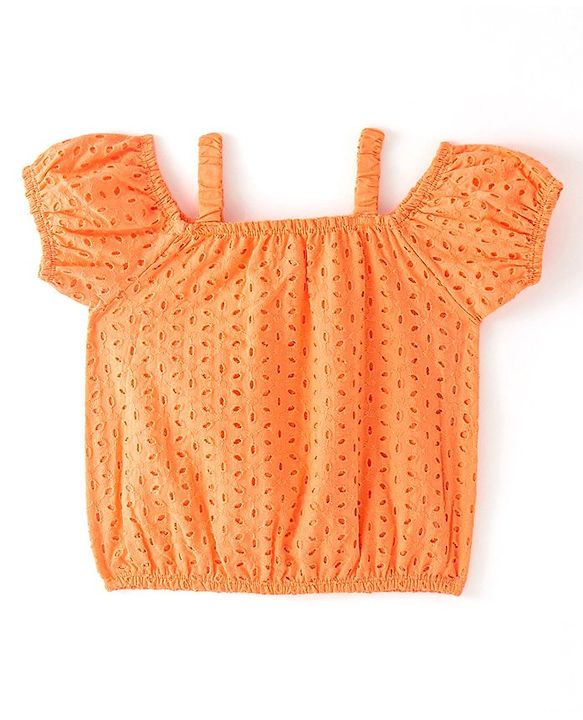 Babyhug Cotton Half Sleeve Schiffli Top With Bow Applique - Orange