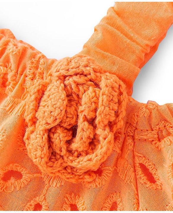 Babyhug Cotton Half Sleeve Schiffli Top With Bow Applique - Orange