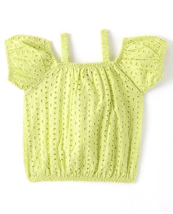 Babyhug Cotton Half Sleeve Schiffli Top With Bow Applique - Lime Green