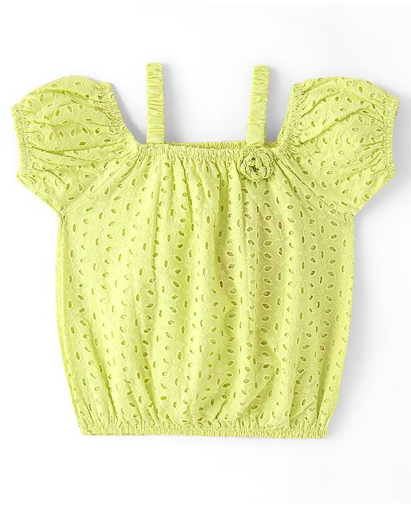 Babyhug Cotton Half Sleeve Schiffli Top With Bow Applique - Lime Green