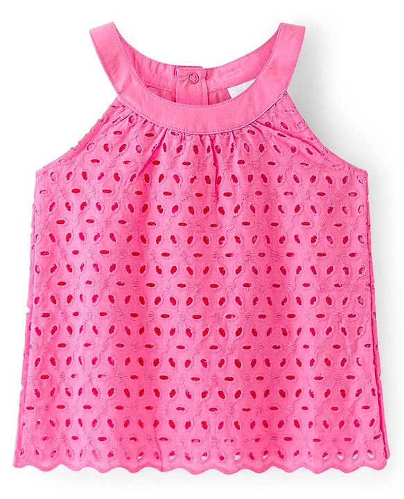 Babyhug Cotton Woven Sleeveless Schifli Top- Pink