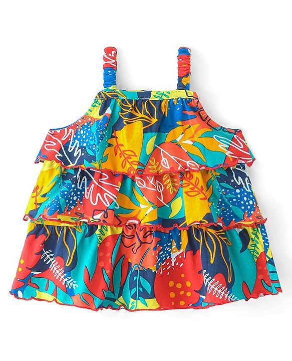 Babyhug 100% Cotton Knit Sleeveless Top with Frills & Tropical Theme- Multicolor