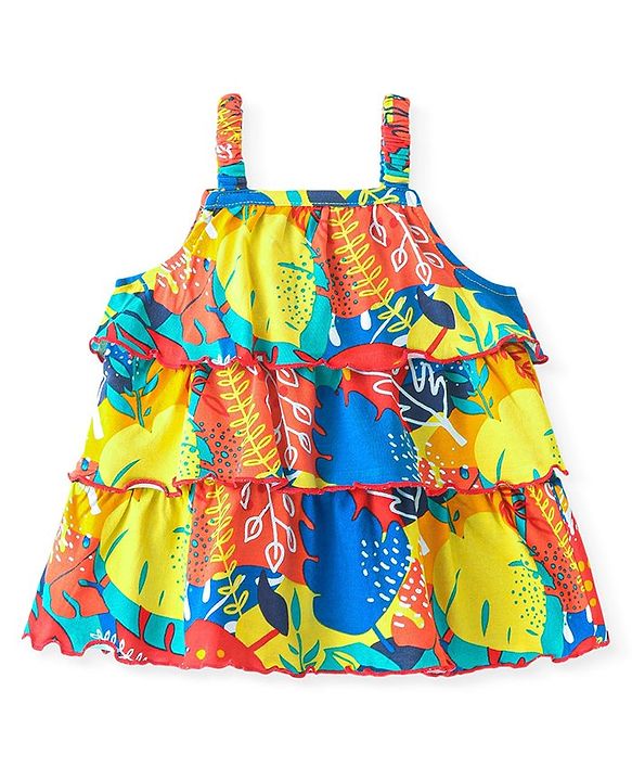 Babyhug 100% Cotton Knit Sleeveless Top with Frills & Tropical Theme- Multicolor
