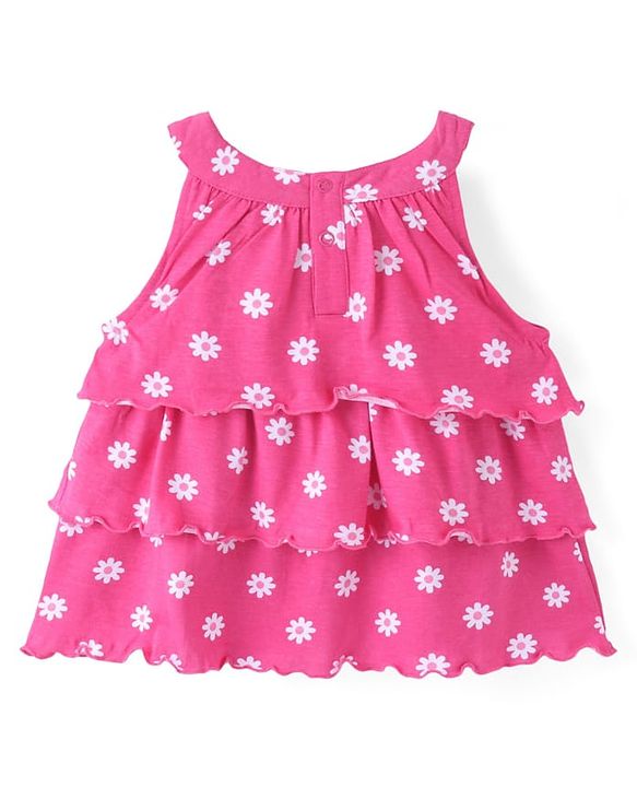 Babyhug Cotton Knit Sleeveless Tiered Top with Floral Print - Pink