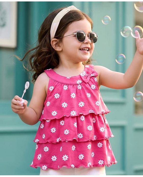 Babyhug Cotton Knit Sleeveless Tiered Top with Floral Print - Pink