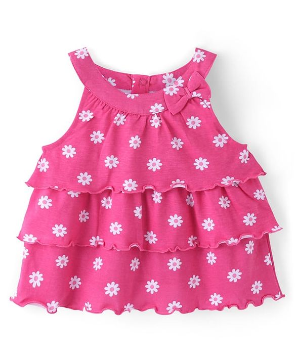 Babyhug Cotton Knit Sleeveless Tiered Top with Floral Print - Pink