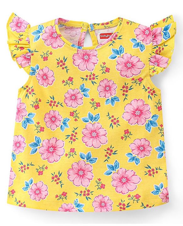Babyhug Cotton Knit Frill Sleeves Tops with Polka Dot Floral & Text Graphics - Multicolour
