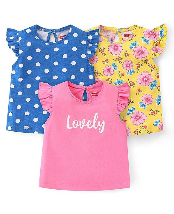 Babyhug Cotton Knit Frill Sleeves Tops with Polka Dot Floral & Text Graphics - Multicolour
