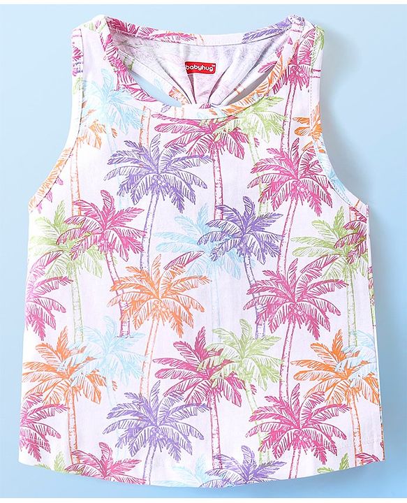 Babyhug Cotton Sleeveless Top With All Over Coconut Trees Print and Back Knot - White
