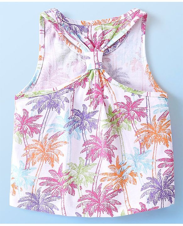 Babyhug Cotton Sleeveless Top With All Over Coconut Trees Print and Back Knot - White