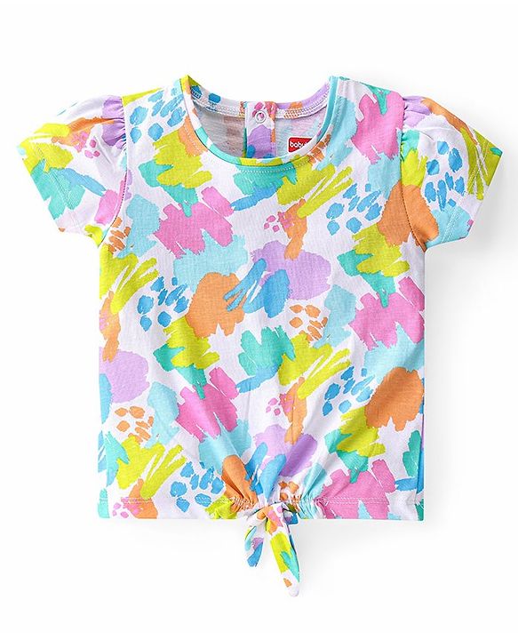 Babyhug Cotton Knit Half Sleeves Printed  Top with Knot Detailing   - Multicolour