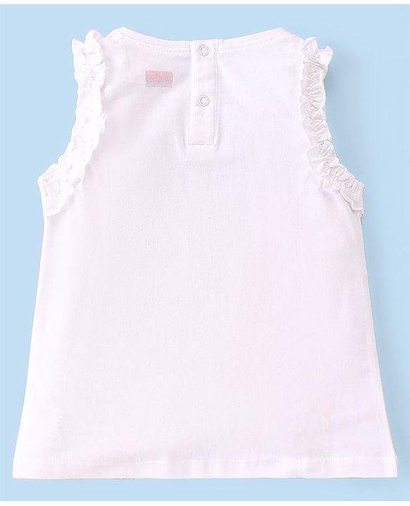 Babyhug Cotton Knit Sleeveless Unicorn Graphics & Frill Detailing Top - White