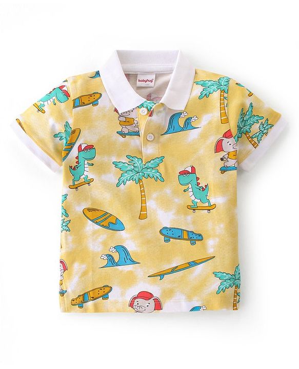 Babyhug 100% Cotton Knit Half Sleeves Polo T-Shirt With Beach Theme Print - Yellow