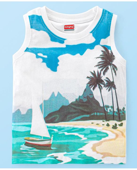 Babyhug Cotton Sleeveless Tank T-shirt With Beach Scenery Graphics - Multicolor