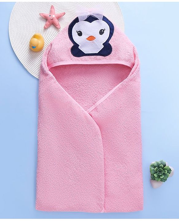 Babyhug Terry Woven Hooded Towel Penguin Print L 76 x B 76 cm- Pink
