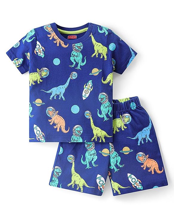 Babyhug Single Jersey Knit  Half Sleeves Nightsuit with Dino Print - Navy Blue