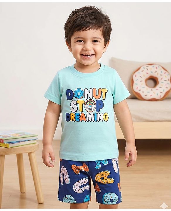 Babyhug Cotton Knit Single Jersey Half Sleeves Night Suit With Text Print - Blue