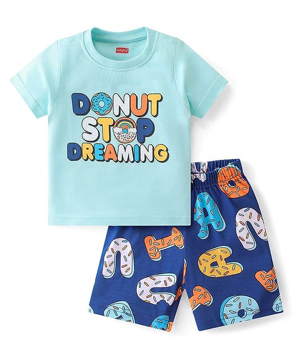 Babyhug Cotton Knit Single Jersey Half Sleeves Night Suit With Text Print - Blue
