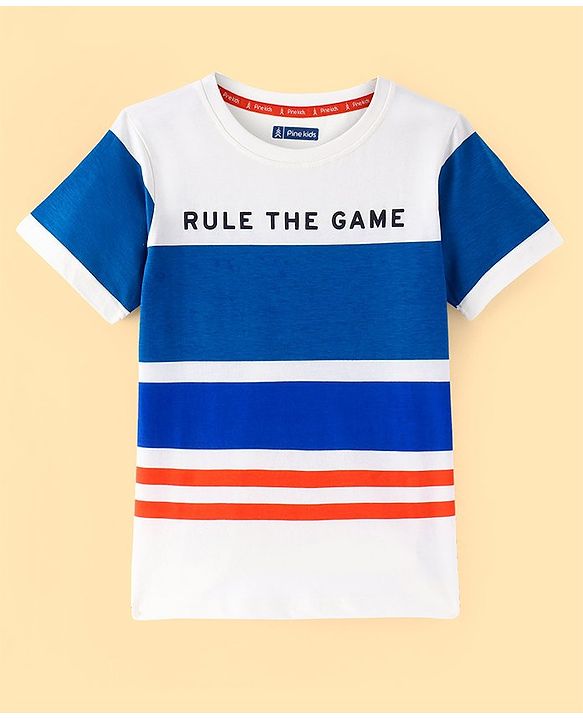 Pine Kids Cotton Knit Half Sleeves Striped T-Shirt Text Print - Multicolour