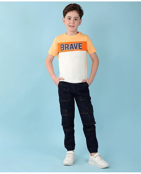 Pine Kids 100% Cotton Knit Half Sleeves T-Shirt With Text Print - Multicolor