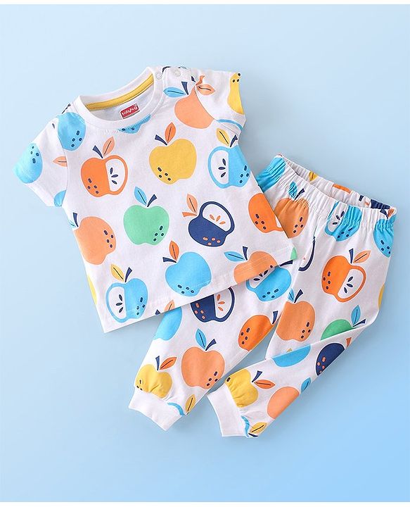 Babyhug Cotton Knit Single Jersey Half Sleeves Night Suit With Apple Print - White