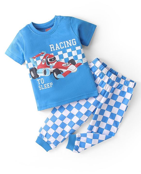 Babyhug Cotton Knit Single Jersey Half Sleeves Night Suit With F1 Racing Print - Blue