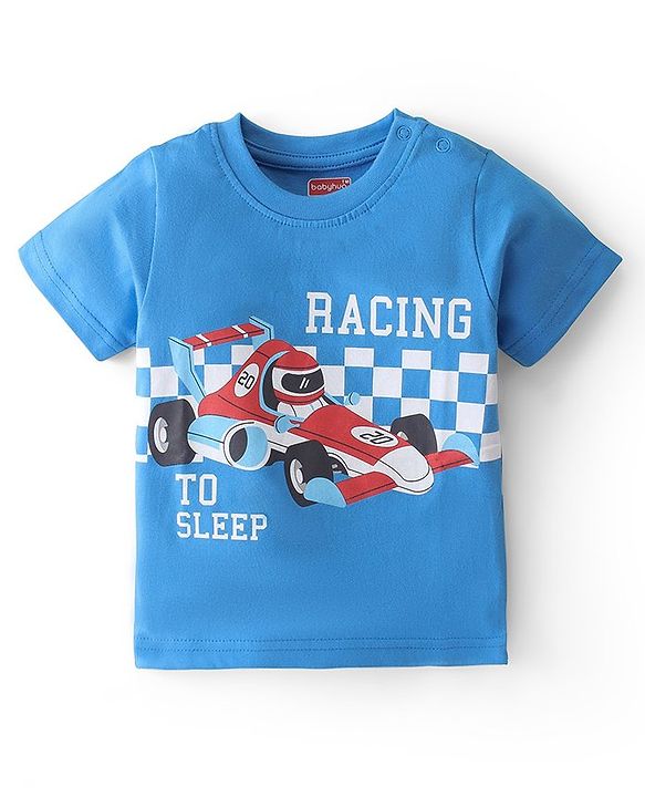 Babyhug Cotton Knit Single Jersey Half Sleeves Night Suit With F1 Racing Print - Blue