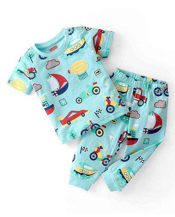 Babyhug Cotton Knit Single Jersey Half Sleeves Night Suit With Vehicles Print - Blue