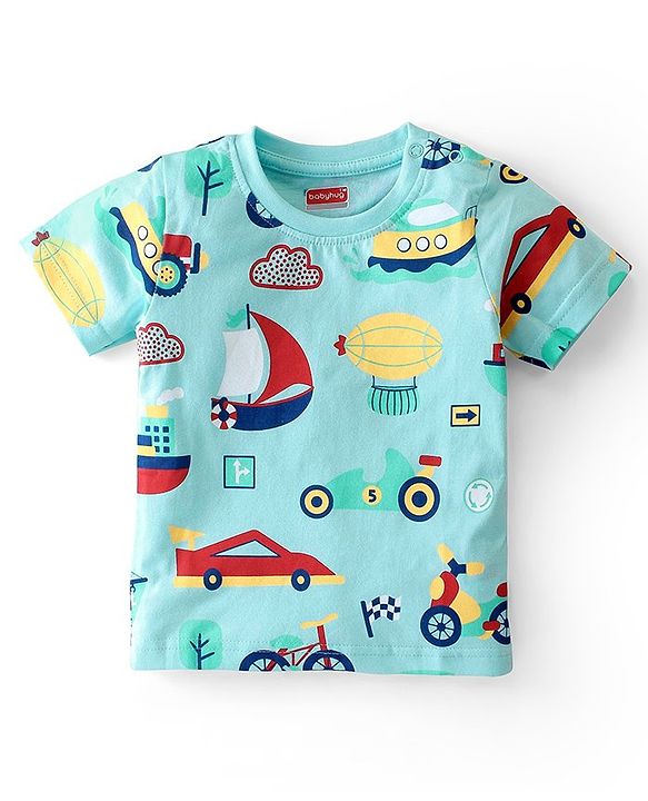 Babyhug Cotton Knit Single Jersey Half Sleeves Night Suit With Vehicles Print - Blue