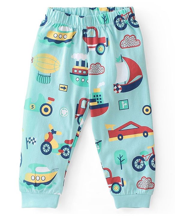Babyhug Cotton Knit Single Jersey Half Sleeves Night Suit With Vehicles Print - Blue