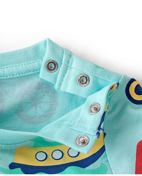 Babyhug Cotton Knit Single Jersey Half Sleeves Night Suit With Vehicles Print - Blue