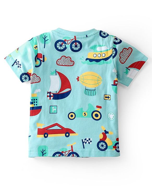 Babyhug Cotton Knit Single Jersey Half Sleeves Night Suit With Vehicles Print - Blue