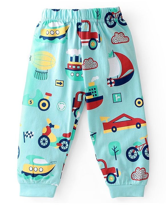 Babyhug Cotton Knit Single Jersey Half Sleeves Night Suit With Vehicles Print - Blue