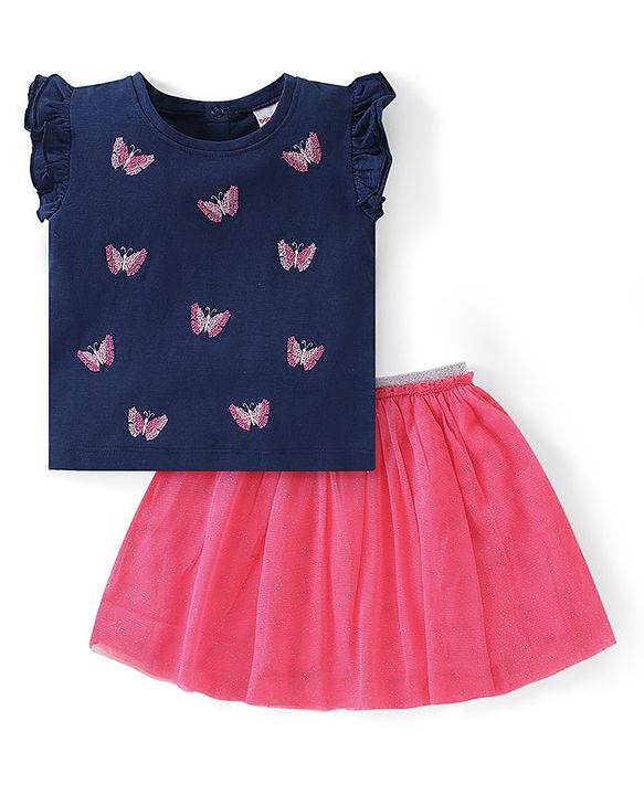 Babyhug Single Jersey Knit Frill Sleeves Top & Skirt with Butterfly Embroidery - Navy Blue & Pink