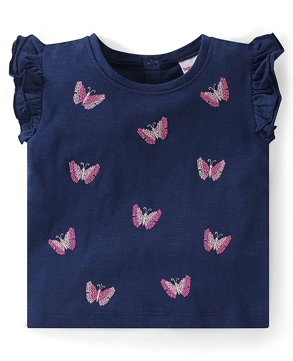 Babyhug Single Jersey Knit Frill Sleeves Top & Skirt with Butterfly Embroidery - Navy Blue & Pink