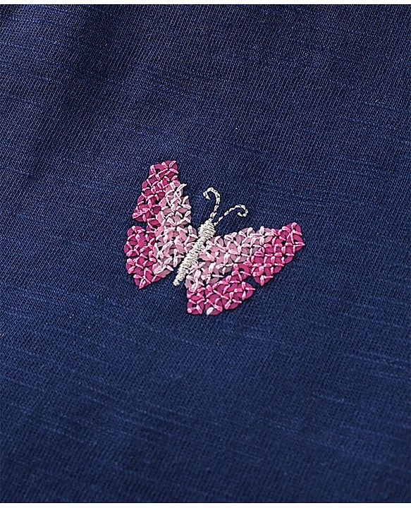 Babyhug Single Jersey Knit Frill Sleeves Top & Skirt with Butterfly Embroidery - Navy Blue & Pink