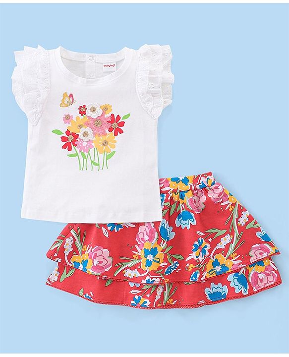 Babyhug 100% Cotton Knit Frill Sleeves Floral Print Top & Skirt Set - White & Red