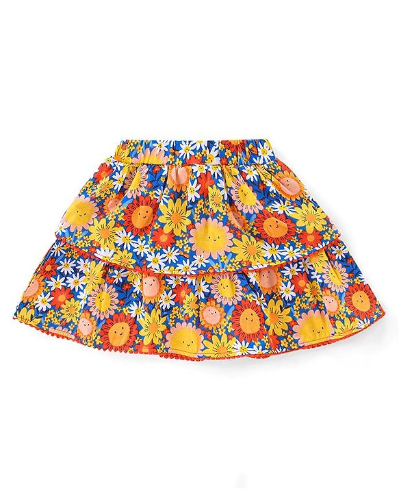 Babyhug 100% Cotton Knit Sleeveless Top & Skirt Set Floral Print- Multicolor